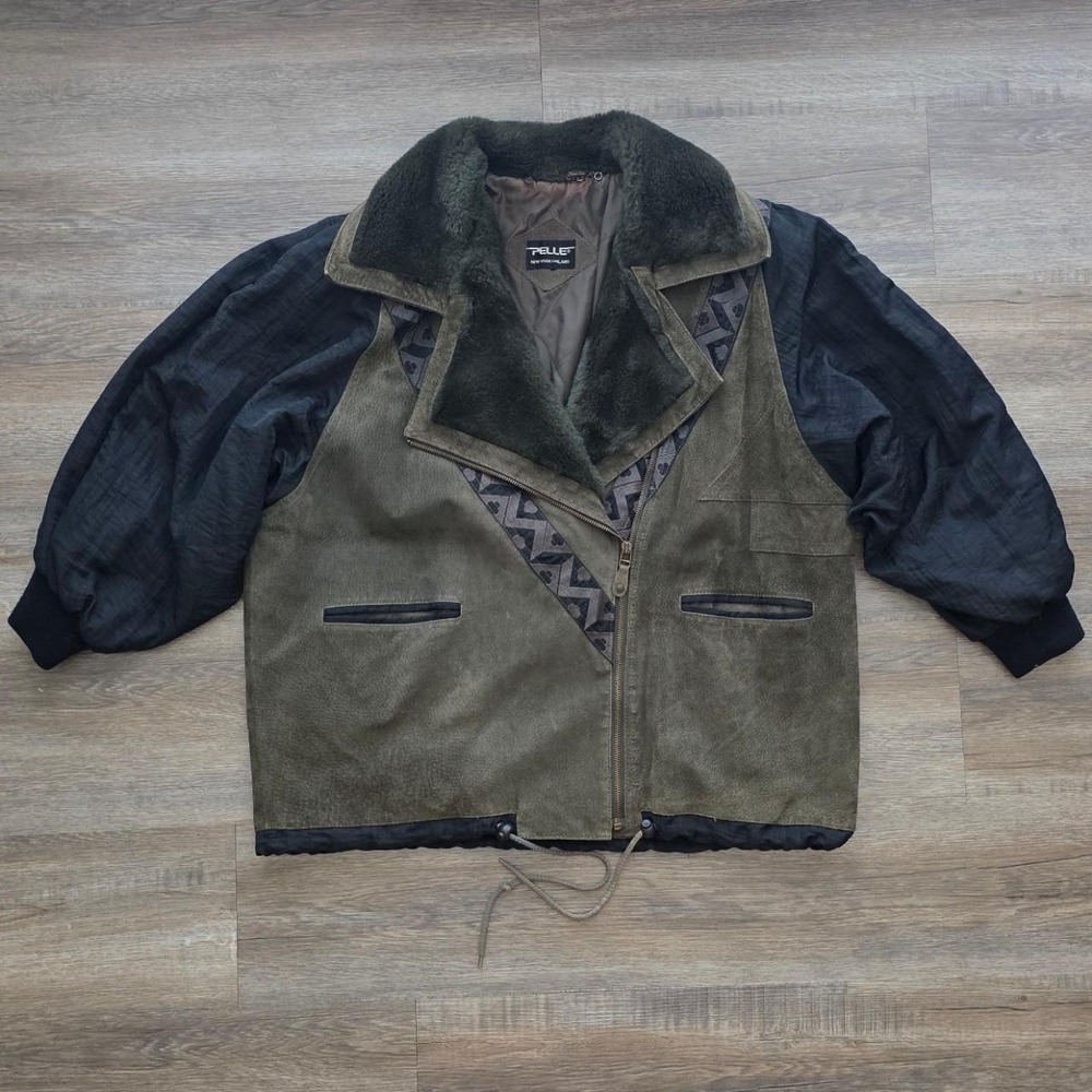 VTG 80s Pelle NY Olive Suede Western Aztec Tribal Geometric Jacket Mens L XL